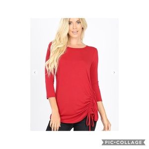 3/4 sleeve round neck side ruched top